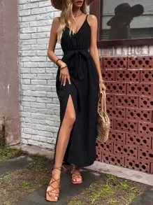 SHEIN LUNE Solid Split Thigh Belted Cami Dress - Black - View 3