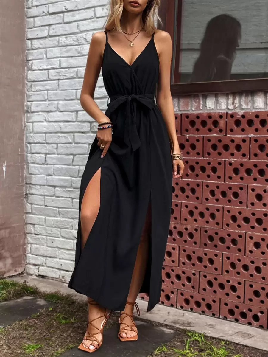 SHEIN LUNE Solid Split Thigh Belted Cami Dress - Black - View 1