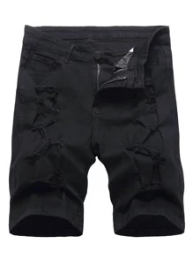 Manfinity Hombres Shorts mezclilla bermuda desgarro crudo - Negro - Ver 1