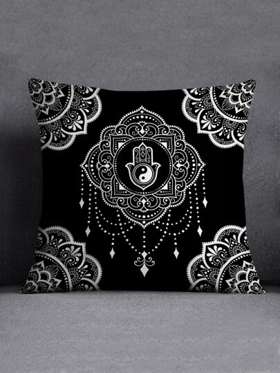1 pieza con patrón de mándala decorativo Cojín bohemio negro con blanco franela Funda de cojín para casa