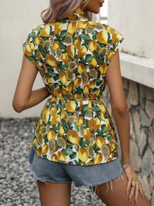SHEIN VCAY Lemon Print Belted Blouse - Multicolor - View 3