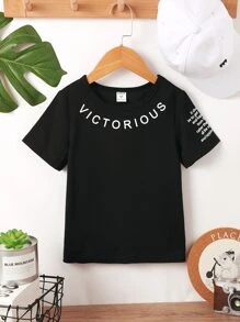 SHEIN 小男童標語圖案T恤 - 黑色 - 查看 1