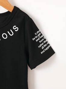SHEIN 小男童標語圖案T恤 - 黑色 - 查看 3