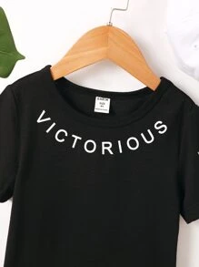 SHEIN 小男童標語圖案T恤 - 黑色 - 查看 5