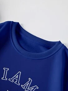 SHEIN EZwear 字母和花卉印花加絨內裏運動衫 - 寶藍色 - 查看 4