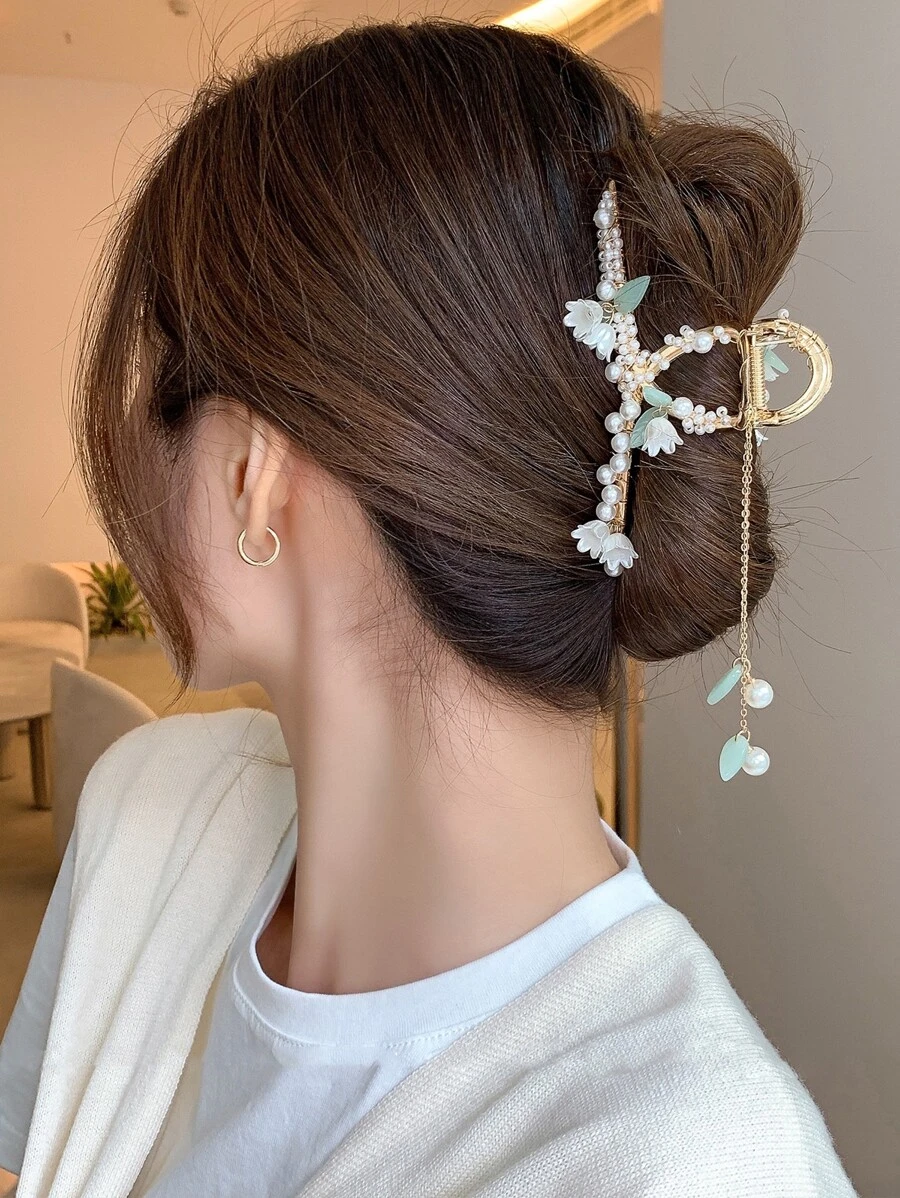 Flower & Faux Pearl Decor Hair Claw Elegant Tiaras,Hair Accessories,Claw Clips,Hair Jaw Clip,Hair Clutch Fall Winter Hair Clip For Vacation Outfits Woman