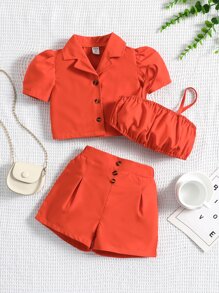 Toddler Girls Puff Sleeve Lapel Neck Shirt & Fold Pleated Shorts & Cami Top