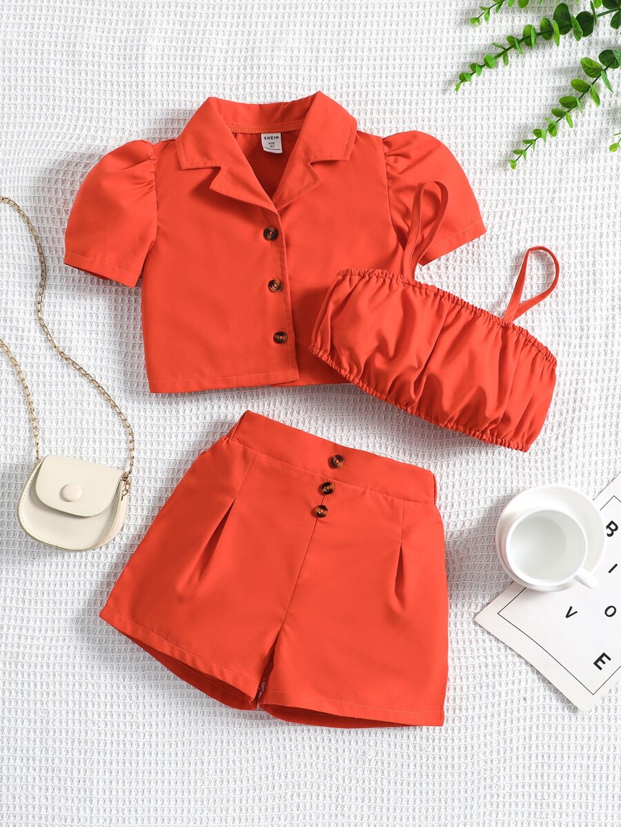 Toddler Girls Puff Sleeve Lapel Neck Shirt & Fold Pleated Shorts & Cami Top