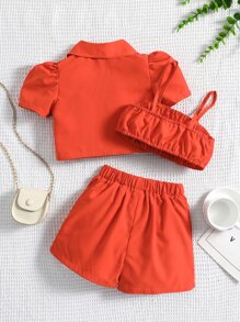 Toddler Girls Puff Sleeve Lapel Neck Shirt & Fold Pleated Shorts & Cami Top