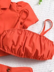 Toddler Girls Puff Sleeve Lapel Neck Shirt & Fold Pleated Shorts & Cami Top