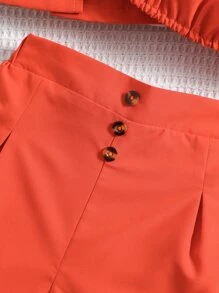 Toddler Girls Puff Sleeve Lapel Neck Shirt & Fold Pleated Shorts & Cami Top