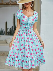 Vestido con estampado de fresa escote corazón bajo con fruncido - Multicolor - Ver 4