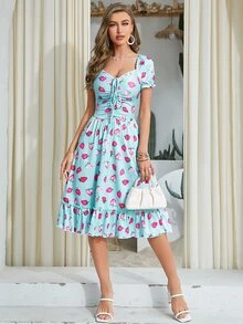 Vestido con estampado de fresa escote corazón bajo con fruncido - Multicolor - Ver 5