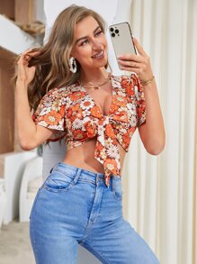 印花前打結短款上衣 - 彩色 - 查看 1