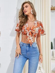 印花前打結短款上衣 - 彩色 - 查看 3