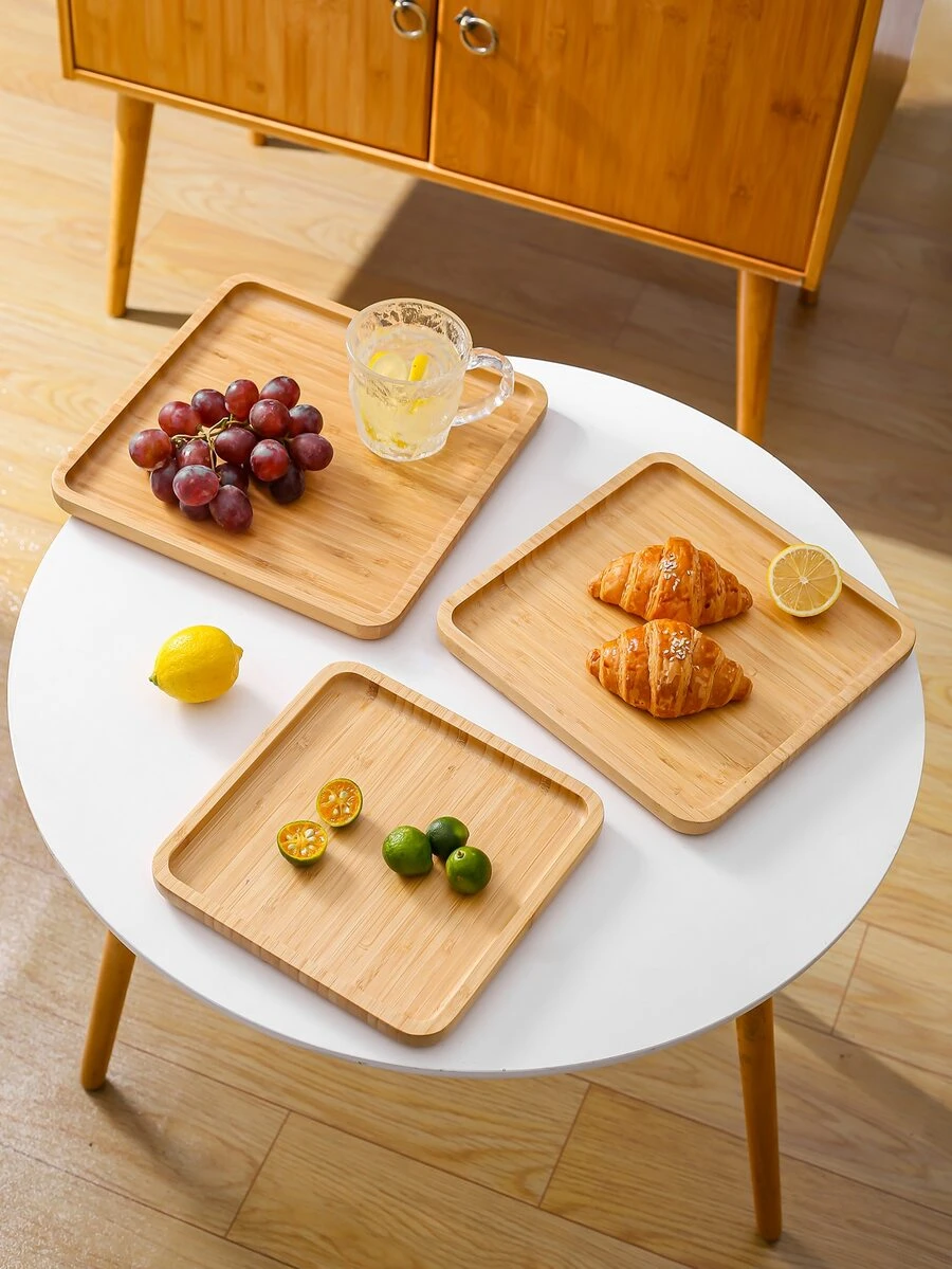 1入組竹製托盤仿木紋方形廚房餐桌托盤 - 駝色 - 查看 1