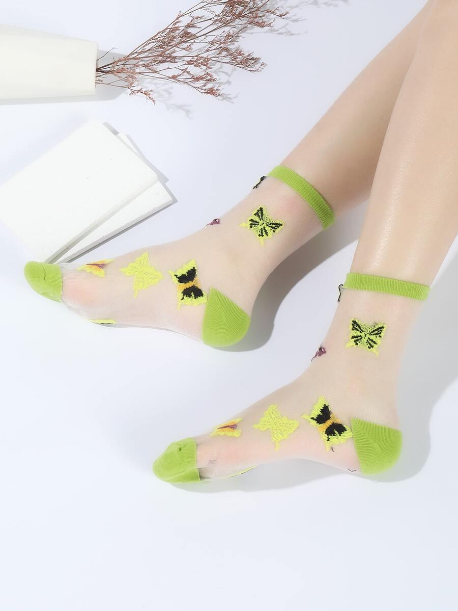 Butterfly Pattern Crew Socks - Multicolor - View 1
