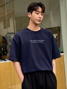 DAZY 男士標語圖案落肩T恤 - 藏蓝色 - 查看 4