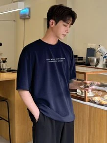 DAZY 男士標語圖案落肩T恤 - 藏蓝色 - 查看 5