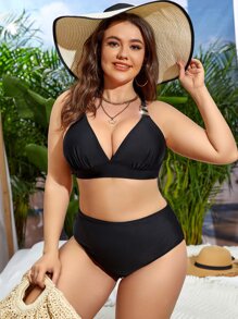 Plus Size Solid High Waisted Bikini Set Summer Beach - Black - View 4
