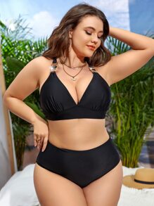 Plus Size Solid High Waisted Bikini Set Summer Beach - Black - View 5
