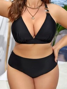 Plus Size Solid High Waisted Bikini Set Summer Beach - Black - View 6