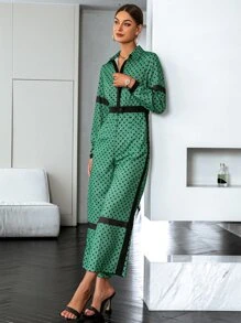 Sollinarry Geo Print Contrast Trim Shirt Jumpsuit - Green - View 1