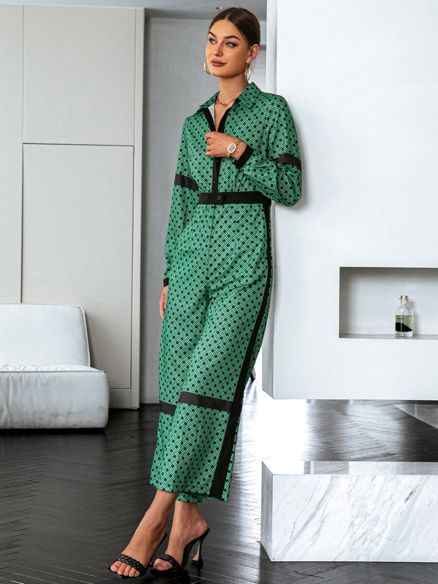Sollinarry Geo Print Contrast Trim Shirt Jumpsuit - Green - View 1