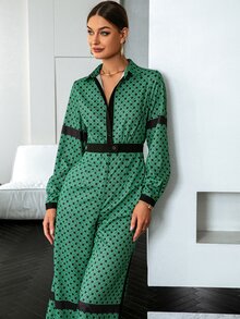 Sollinarry Geo Print Contrast Trim Shirt Jumpsuit - Green - View 4