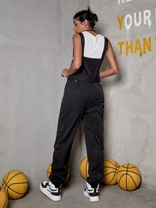 嘻哈素色腰帶斜口袋工裝背帶褲不附帶背心 - 黑色 - 查看 2