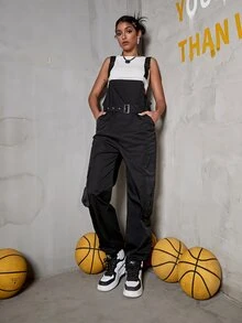 嘻哈素色腰帶斜口袋工裝背帶褲不附帶背心 - 黑色 - 查看 3