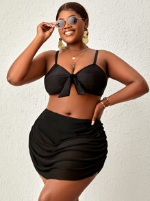 Slaydiva Summer Beach Plus Ruched Side Mesh Overlay Bikini Bottom - Black - View 4