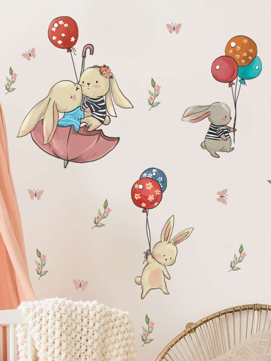 1pc PVC Wall Sticker, Cartoon Rabbit & Balloon Pattern Wall Decal For Kids' Bedroom - Multicolor - View 1