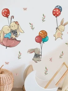 1pc PVC Wall Sticker, Cartoon Rabbit & Balloon Pattern Wall Decal For Kids' Bedroom - Multicolor - View 2