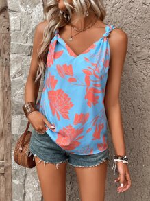 Breezaya Plants Print Tie Shoulder Tank Top - Blue - View 3