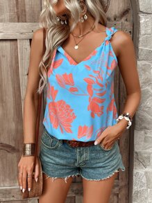 Breezaya Plants Print Tie Shoulder Tank Top - Blue - View 4