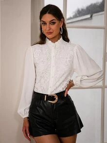 Simplee Lantern Sleeve Lace Insert Shirt - White - View 3