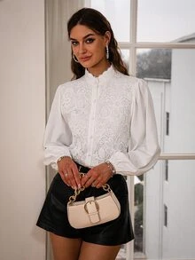 Simplee Lantern Sleeve Lace Insert Shirt - White - View 4