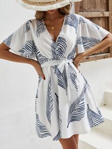SHEIN VCAY 熱帶圖案蝴蝶袖繫腰帶連衣裙 - 白色 - 查看 3