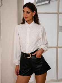 Simplee Lantern Sleeve Lace Insert Shirt - White - View 7