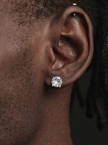 ESBERRY 1對 7 毫米 4 爪圓形方晶鋯石銀色經典男士耳釘情人節約會禮物 - 銀色 - 查看 1