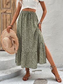 Breezaya Falda floral de muslo con abertura bajo con fruncido - Verde militar - Ver 1