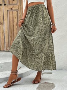Breezaya Falda floral de muslo con abertura bajo con fruncido - Verde militar - Ver 5