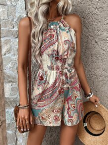 Breezaya Floral & Paisley Print Halter Romper - Khaki - View 1