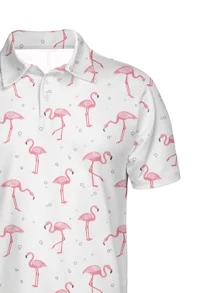 NITAGUT Men Flamingo Print Polo Shirt - White - View 3