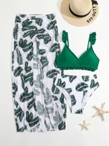 少女 3 件装 热带印花荷叶边比基尼套装和沙滩裙 夏季海滩 - 彩色 - 查看 1