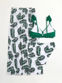 少女 3 件装 热带印花荷叶边比基尼套装和沙滩裙 夏季海滩 - 彩色 - 查看 2