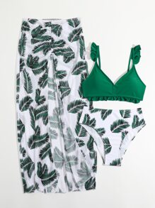 少女 3 件装 热带印花荷叶边比基尼套装和沙滩裙 夏季海滩 - 彩色 - 查看 3