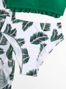 少女 3 件装 热带印花荷叶边比基尼套装和沙滩裙 夏季海滩 - 彩色 - 查看 4