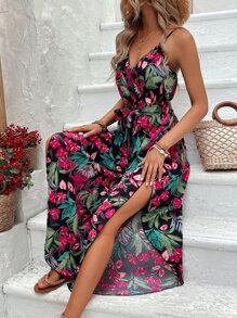 SHEIN VCAY Tropical Print Belted Cami Jumpsuit - Black - View 4